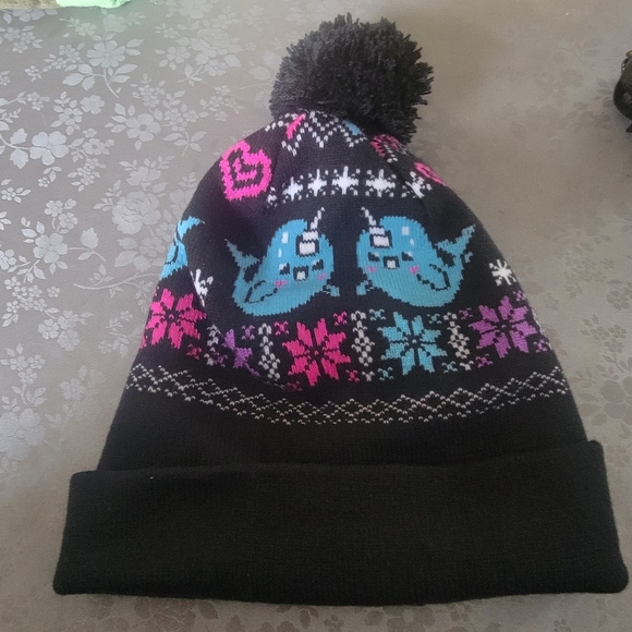 Loungefly Narwhal Fair Isle Pom Beanie Hat Black Winter Hat - Picture 3 of 7